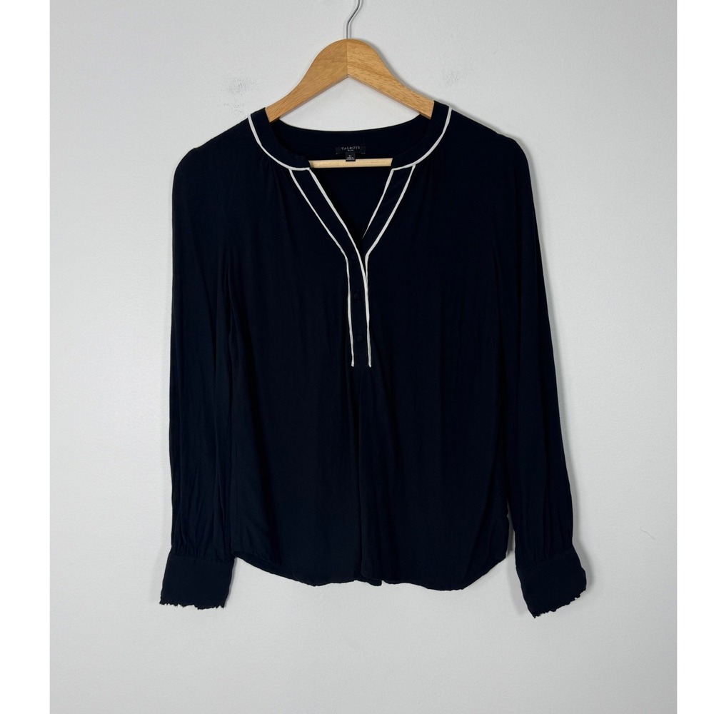 Classic Preppy Talbots Women SP Blouse Navy Blue White Contrast Piping Ruffle SP